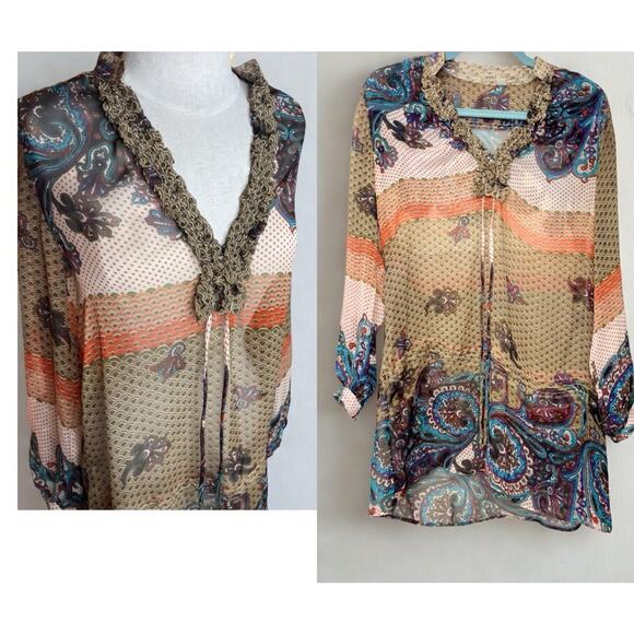 Aura Sheer Boho Blouse Tunic M Paisley Indie Spiritual Desert Festival Ruffle - Picture 1 of 7